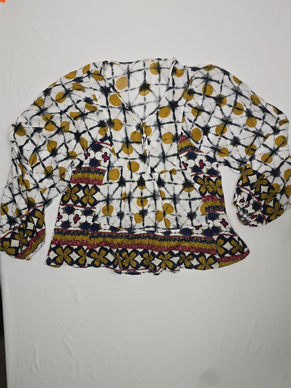 Solitaire by Ravi Mixed Print Tie Dye Boho Tunic Blouse